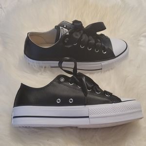 Black Platform Leather Converse with Ribbon Laces
